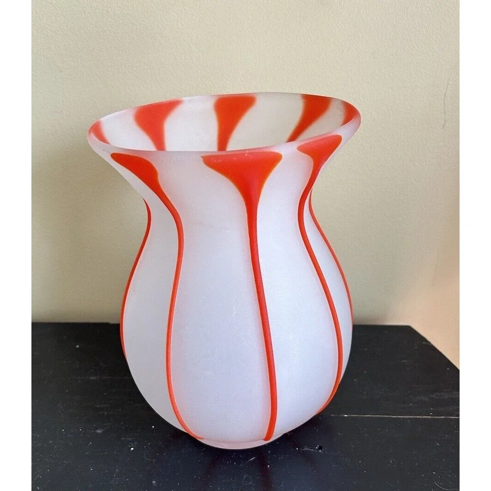 hand Blown Satin Glass With‎ Orange Textured Stripes Vase approx 8-1/2